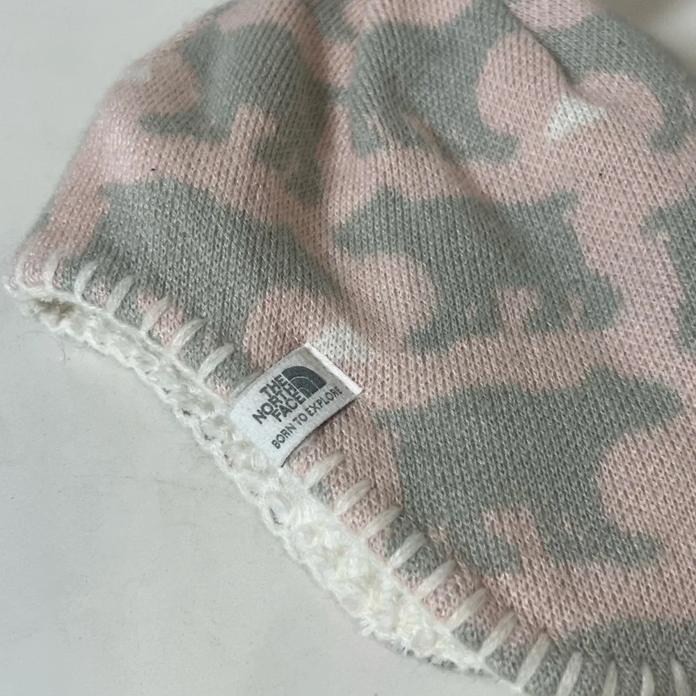 The North Face Baby XXS 0-6 Months Pink and Gray Bear Hat with Pom-Pom